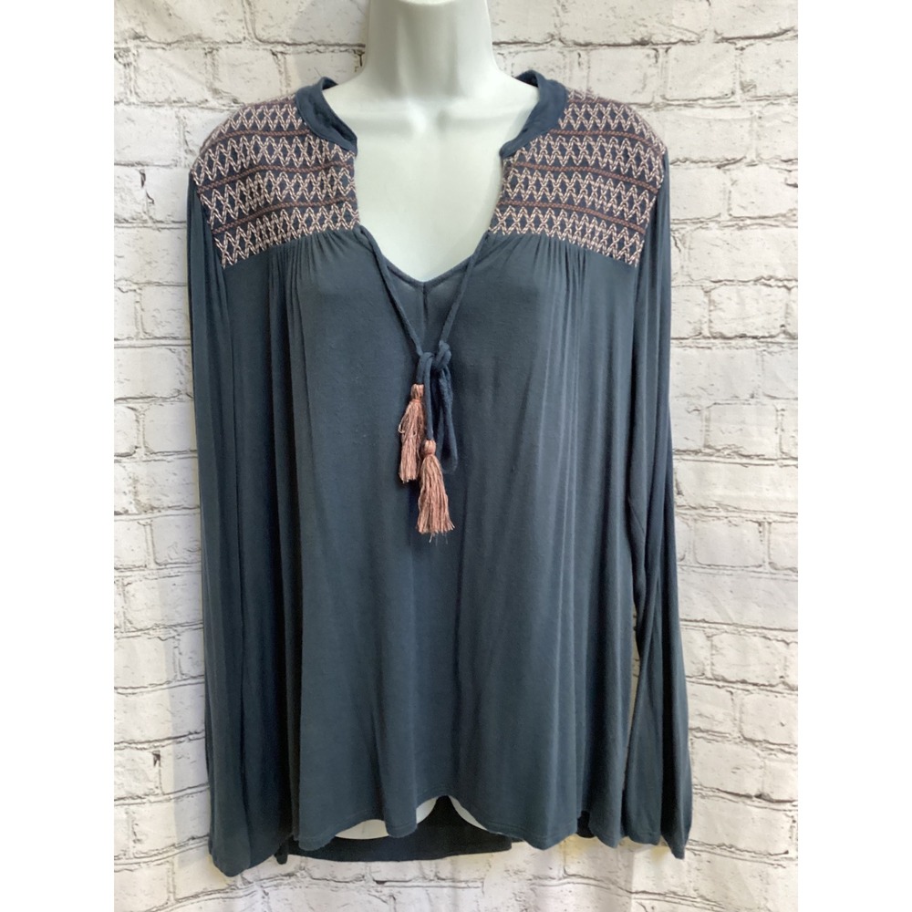 Knox Rose XXL Blue Grey Embroidered Boho Tassel Long Sleeve Peasant Blouse Top